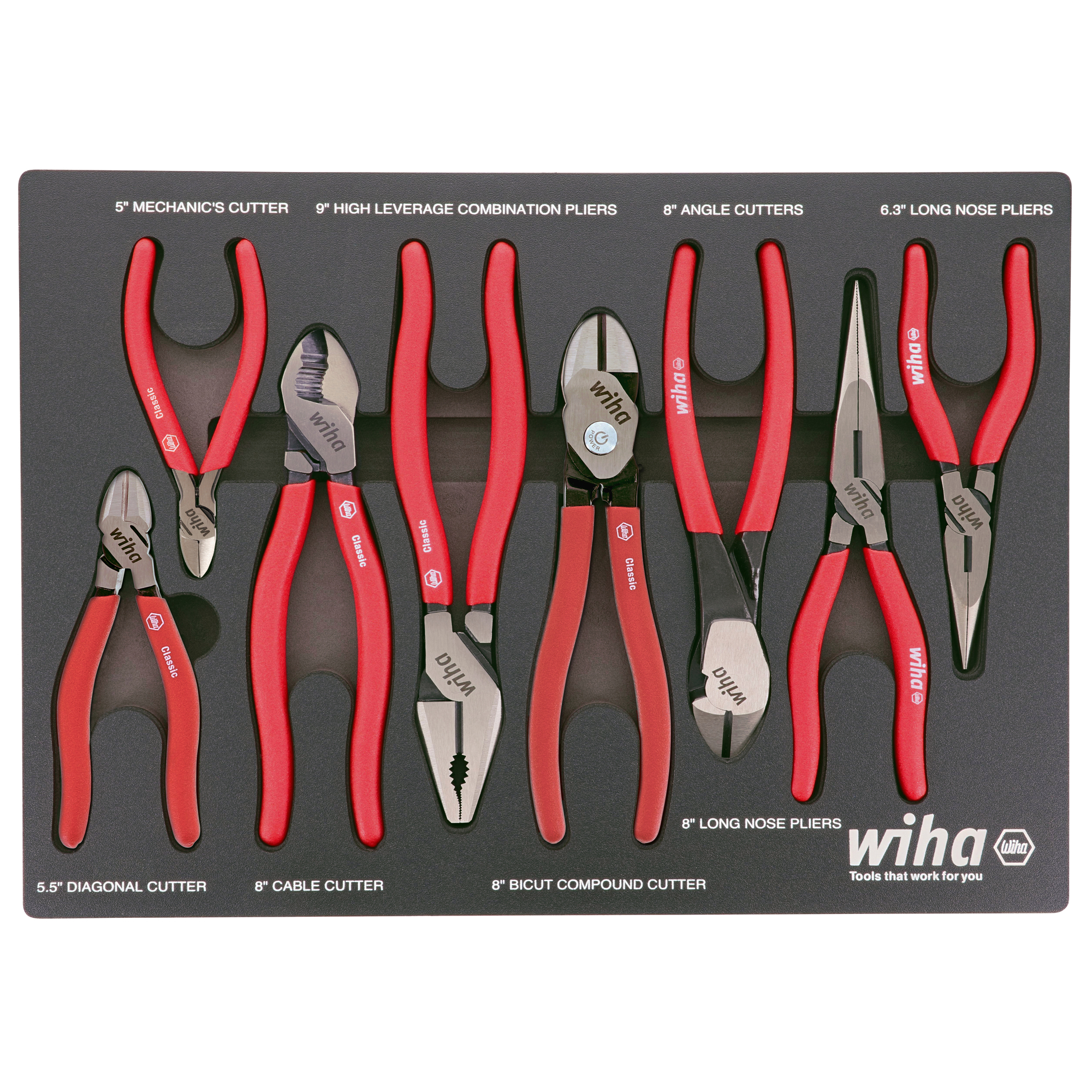 Wiha, 8 Piece Classic Grip Pliers and Cutters Tray Set, Pieces (qty.) 9, Model# 34682